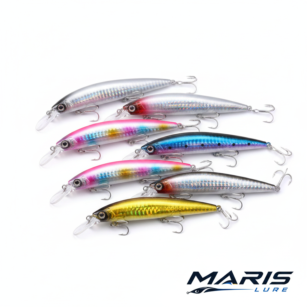 6PCS Minnow Jerkbait – White Background with Maris Lure Logo