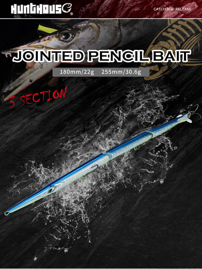 Hunthouse Jointed Pencil Bait | 3-Section Sinking Swimbait | 180mm 22g / 255mm 30.6g | Seabass Bluefish