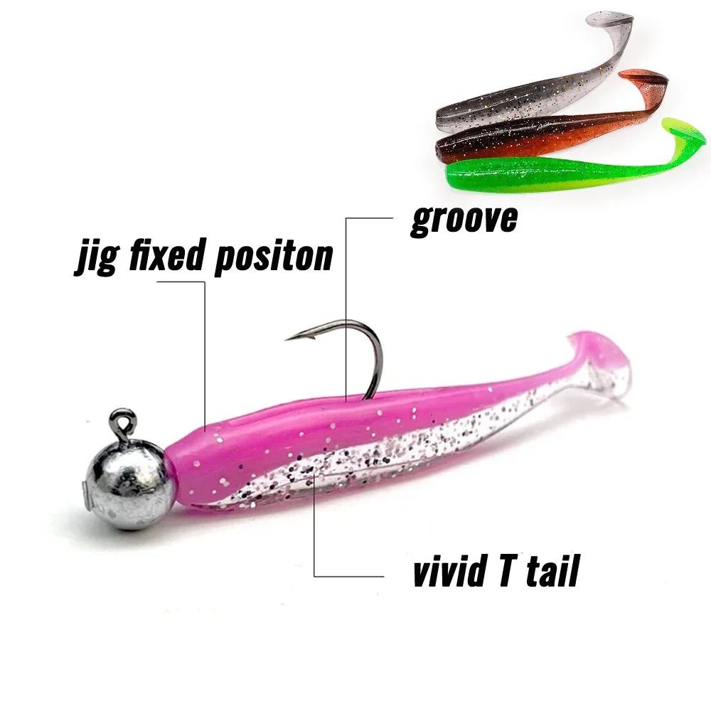 Soft Lure Kit 14pcs – T-Tail Worm 5.5/7/10cm + Jig Head Hook 3/5/10g