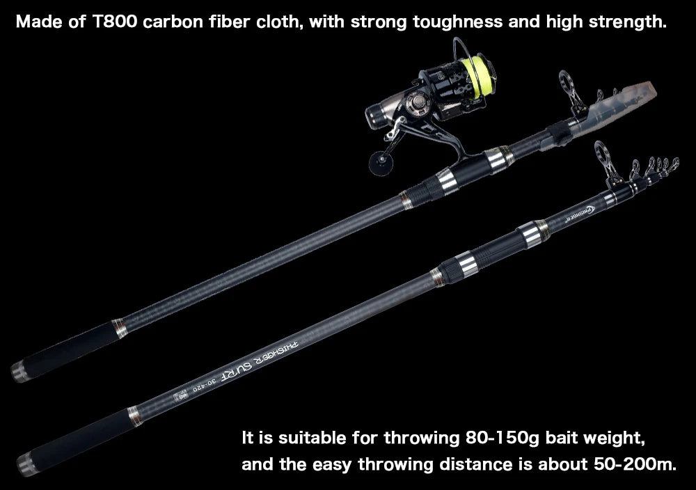 PHISHGER Telescopic Surf Fishing Rod 80-150g – 30T Carbon, 3.6–5.3M