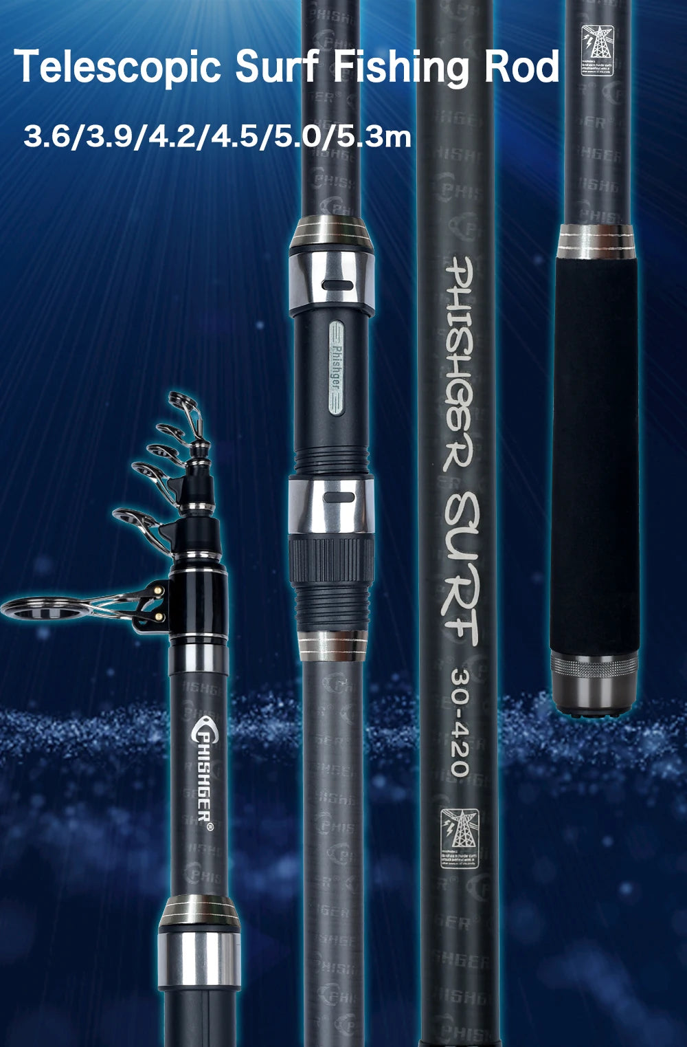 PHISHGER Telescopic Surf Fishing Rod 80-150g – 30T Carbon, 3.6–5.3M