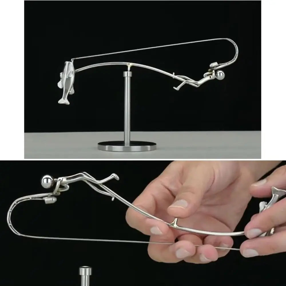 Kinetic Fishing Sculpture – Metal Fisherman Balancing Desk Ornament Gift
