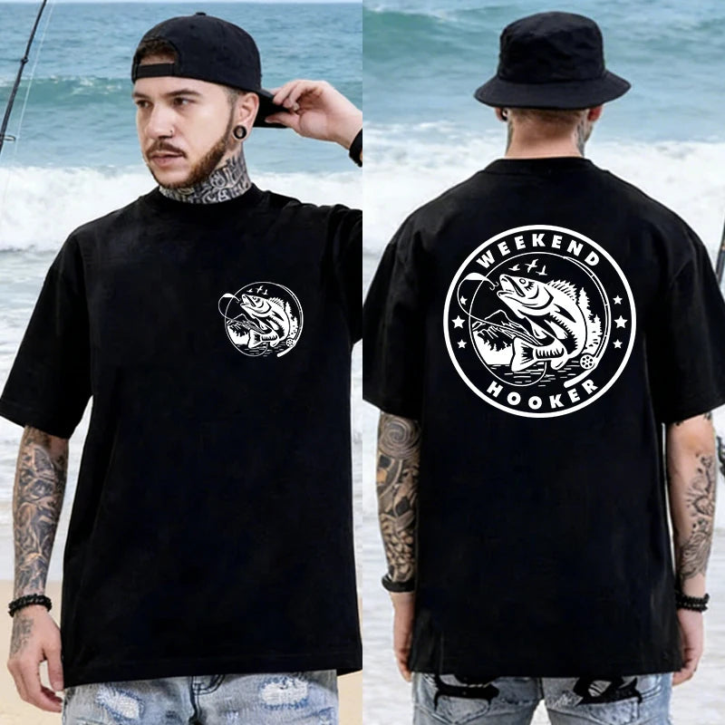 Men's Weekend Fishing Print T-Shirt, Novelty Bass Fish Graphic Tops Short Sleeve Tee, Casual O Neck Tops for Outdoor Angling