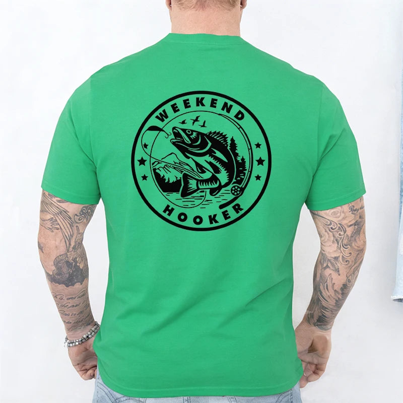 Men's Weekend Fishing Print T-Shirt, Novelty Bass Fish Graphic Tops Short Sleeve Tee, Casual O Neck Tops for Outdoor Angling