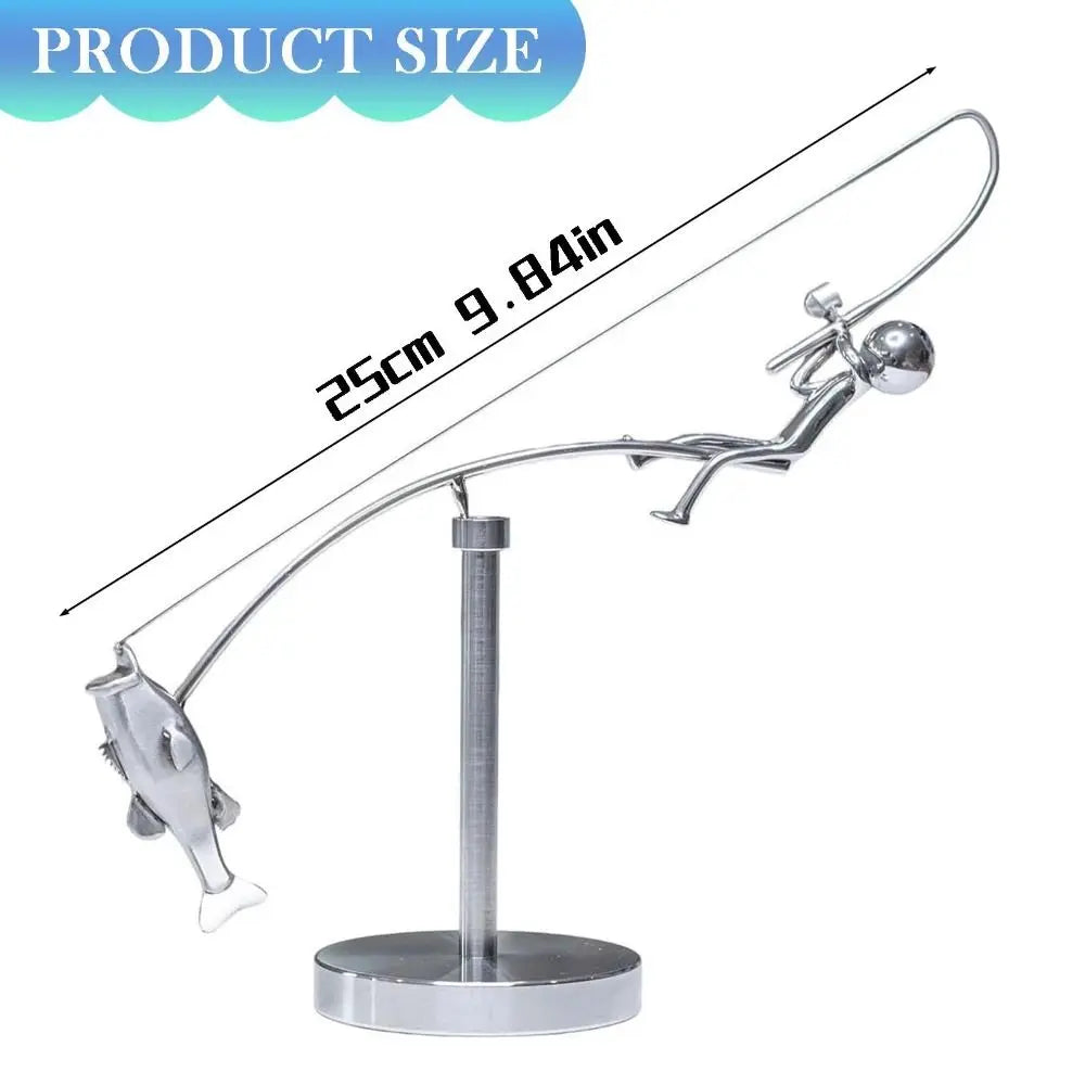 Kinetic Fishing Sculpture – Metal Fisherman Balancing Desk Ornament Gift
