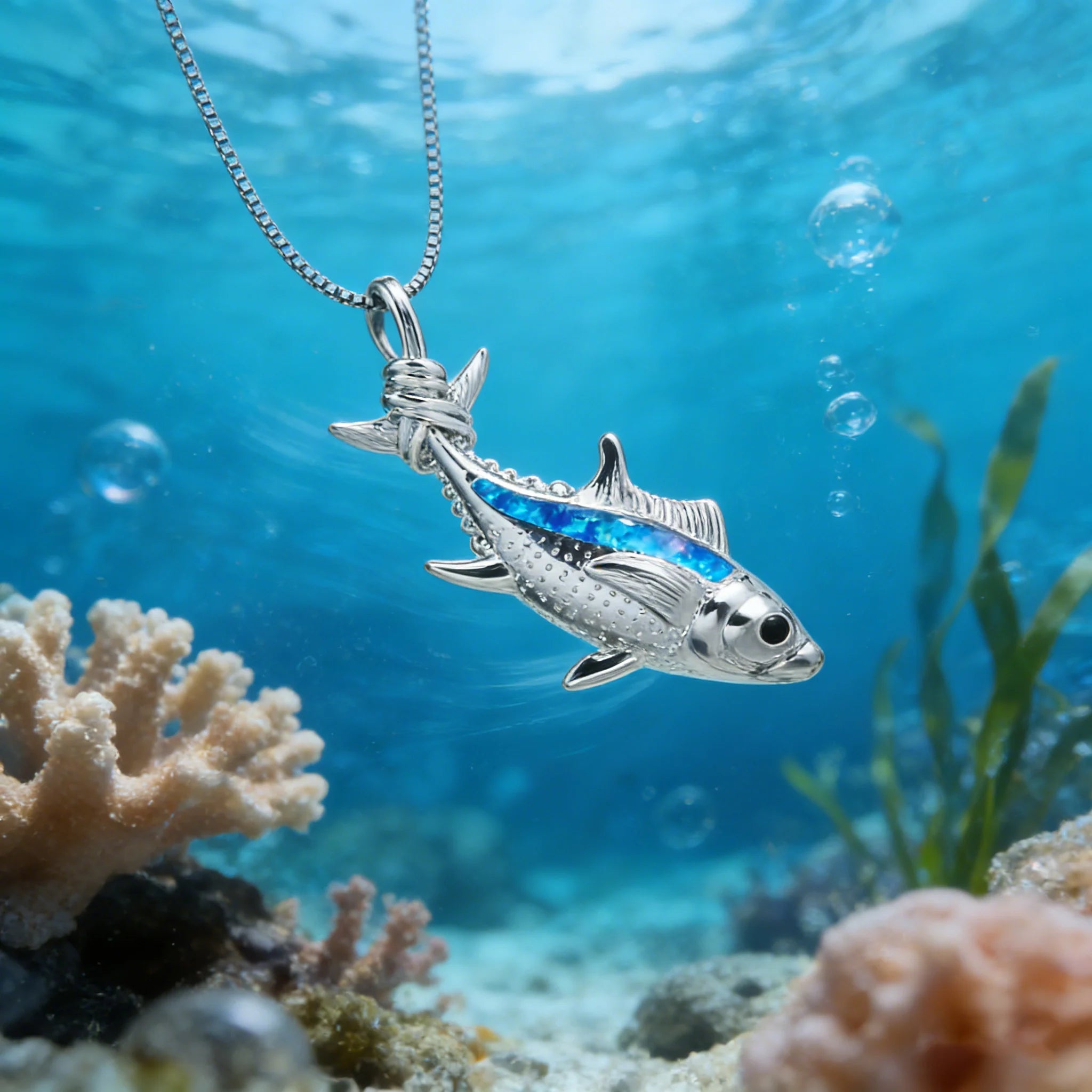 Maris Lure Fish Pendant Necklace – Blue Opal Silver | Ocean Jewelry Gift
