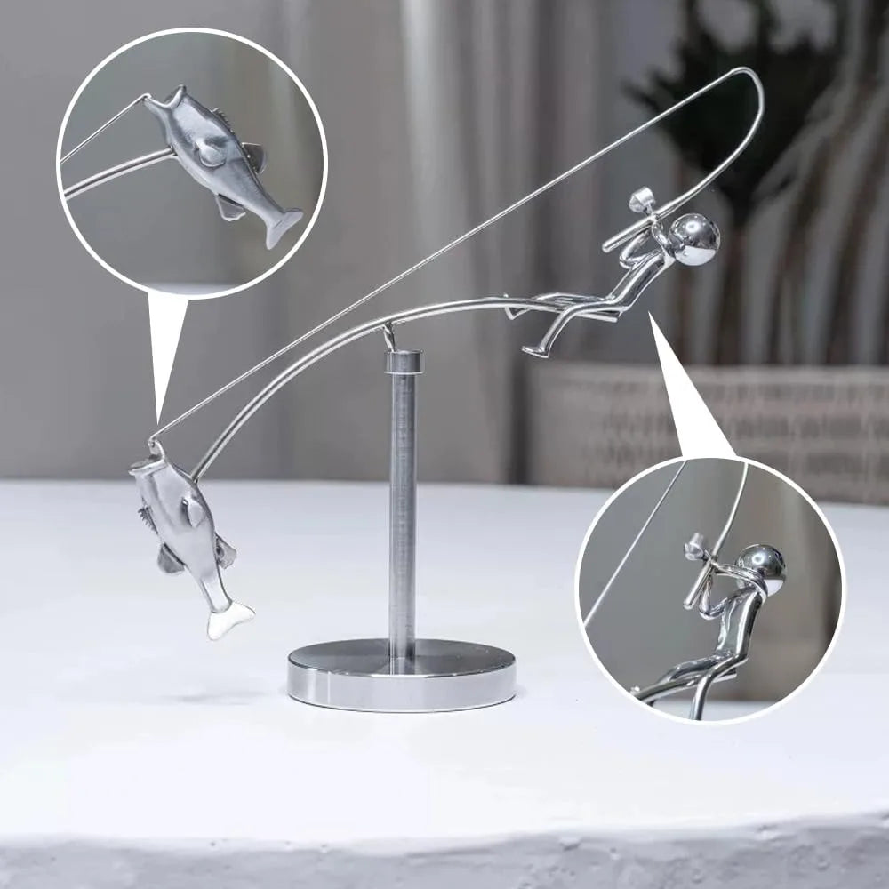 Kinetic Fishing Sculpture – Metal Fisherman Balancing Desk Ornament Gift