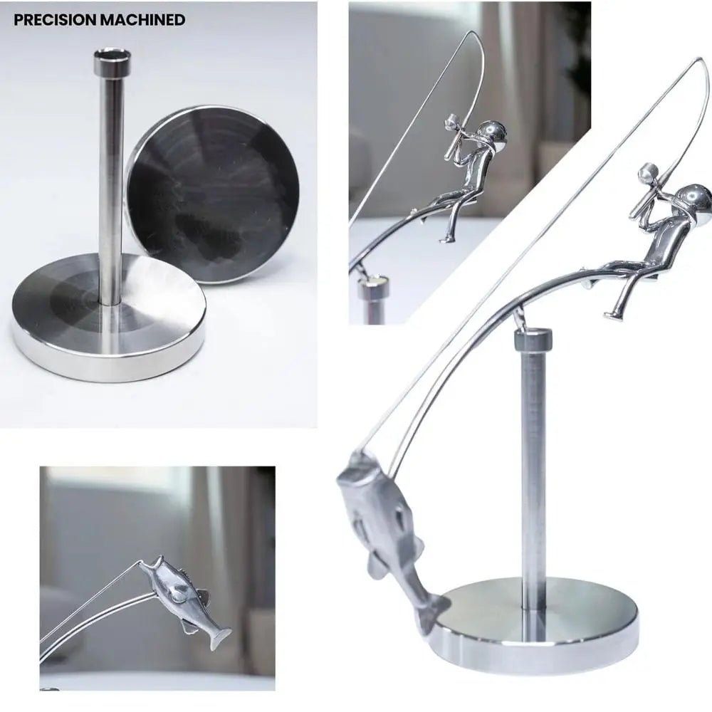 Kinetic Fishing Sculpture – Metal Fisherman Balancing Desk Ornament Gift