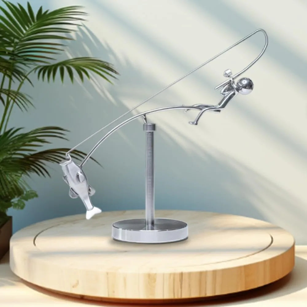 Kinetic Fishing Sculpture – Metal Fisherman Balancing Desk Ornament Gift