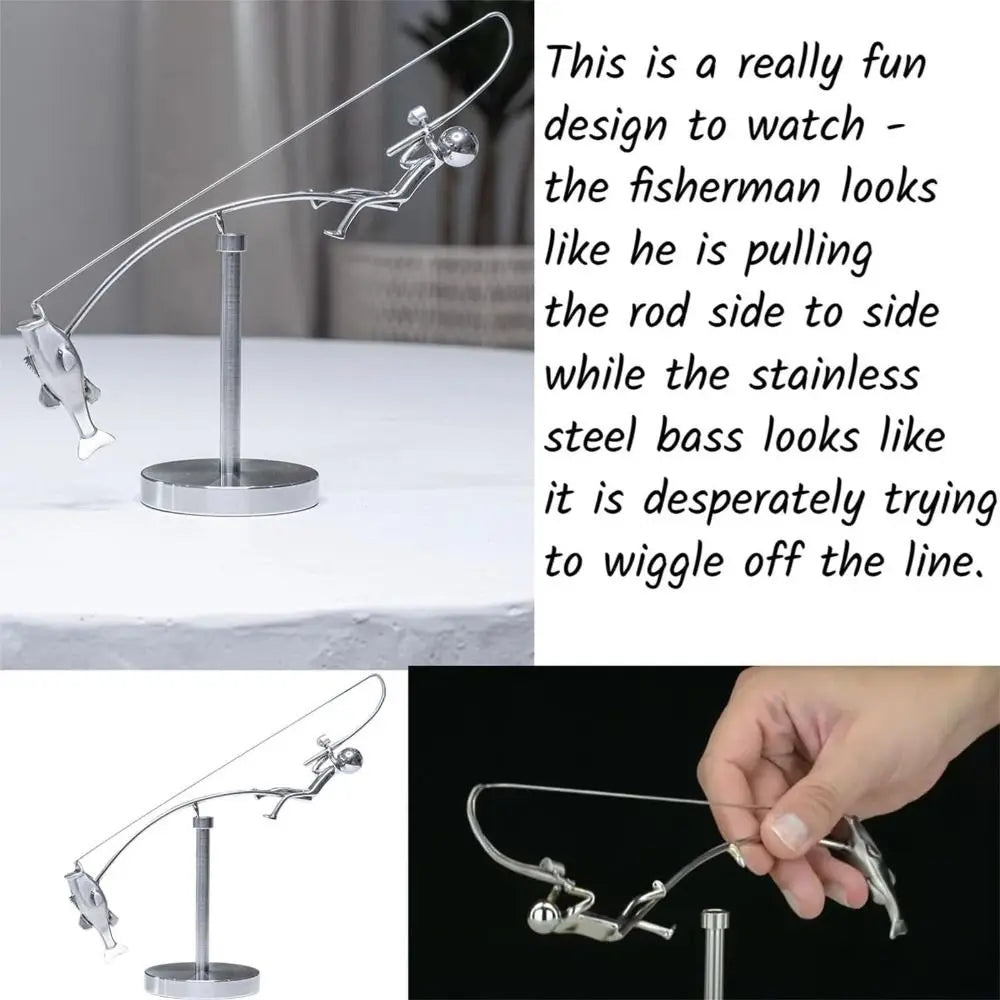 Kinetic Fishing Sculpture – Metal Fisherman Balancing Desk Ornament Gift