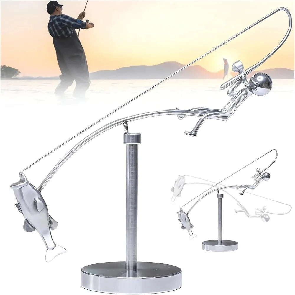 Kinetic Fishing Sculpture – Metal Fisherman Balancing Desk Ornament Gift