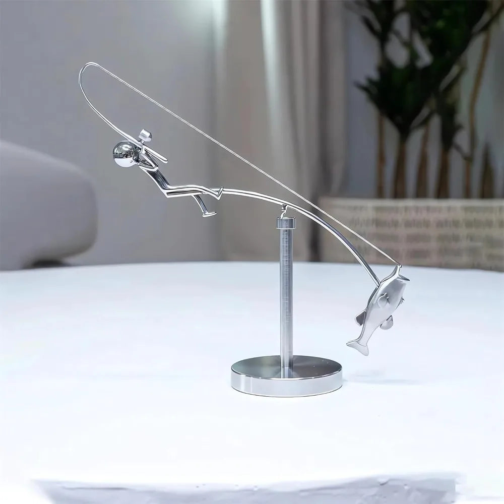 Kinetic Fishing Sculpture – Metal Fisherman Balancing Desk Ornament Gift
