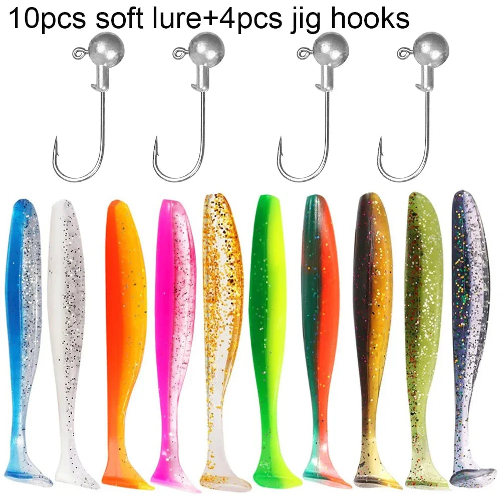 Soft Lure Kit 14pcs – T-Tail Worm 5.5/7/10cm + Jig Head Hook 3/5/10g