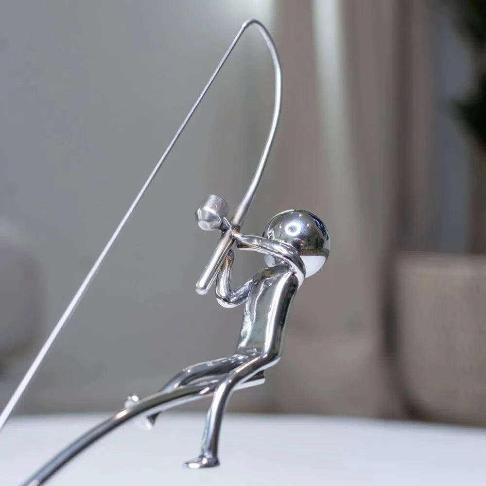 Kinetic Fishing Sculpture – Metal Fisherman Balancing Desk Ornament Gift