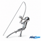 Silver kinetic fishing sculpture with balancing fisherman design on a white background and MarisFishing logo