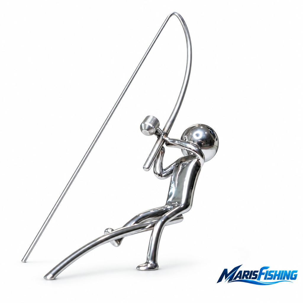 Silver kinetic fishing sculpture with balancing fisherman design on a white background and MarisFishing logo