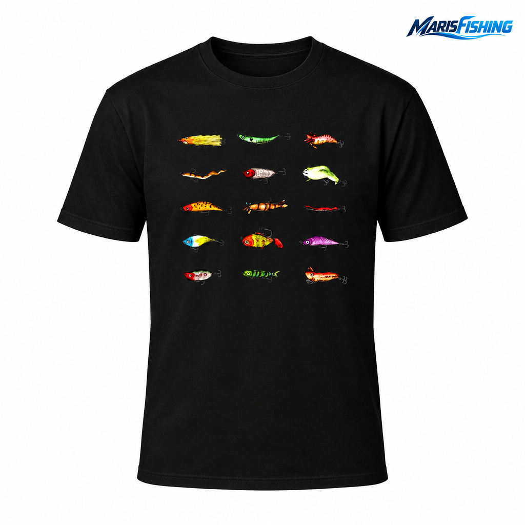 Black fishing lures graphic T-shirt on a clean white background with the MarisFishing logo in the upper-right corner