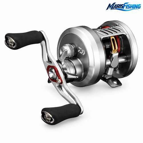 Daiwa Millionaire CT SV baitcasting reel on a clean white background with MarisFishing logo in the upper-right corner
