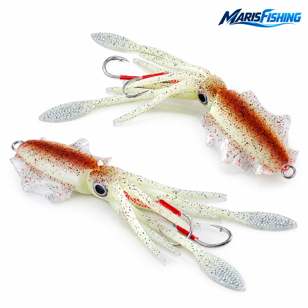 UV luminous squid fishing lure on white background with MarisFishing logo in corner