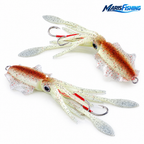 UV luminous squid fishing lure on white background with MarisFishing logo in corner