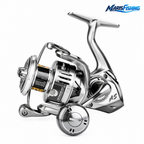 Atsuim spinning reel on clean white background with MarisFishing logo in upper-right corner