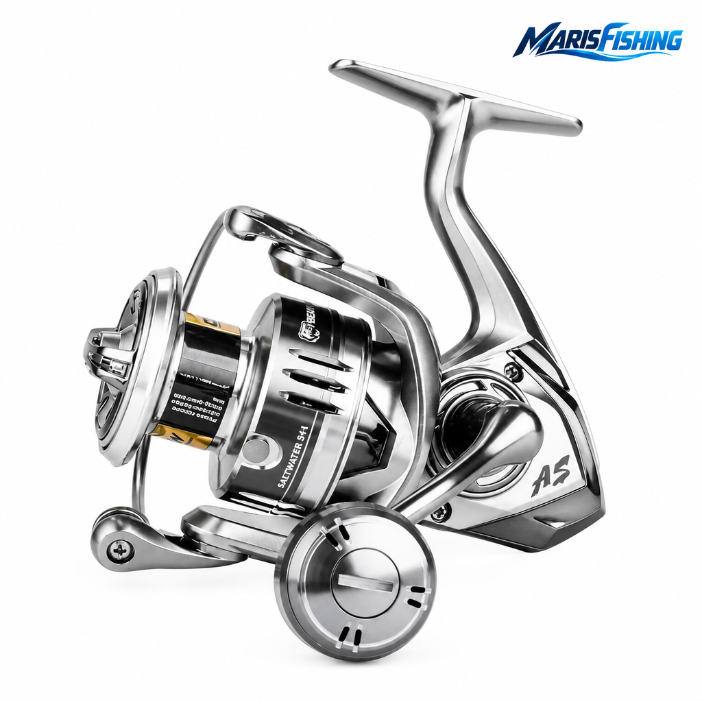 Atsuim spinning reel on clean white background with MarisFishing logo in upper-right corner