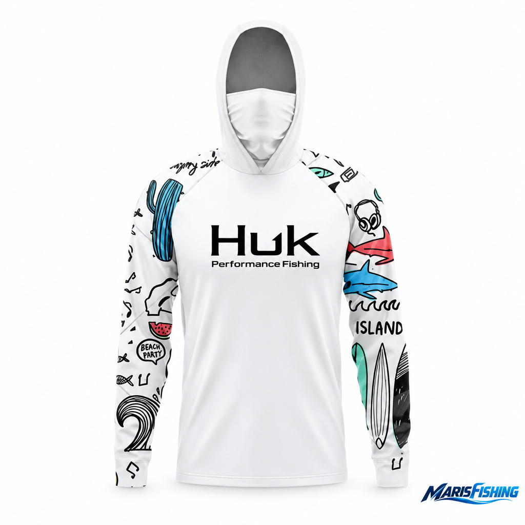HUK hooded long-sleeve fishing shirt on a white background with MarisFishing logo