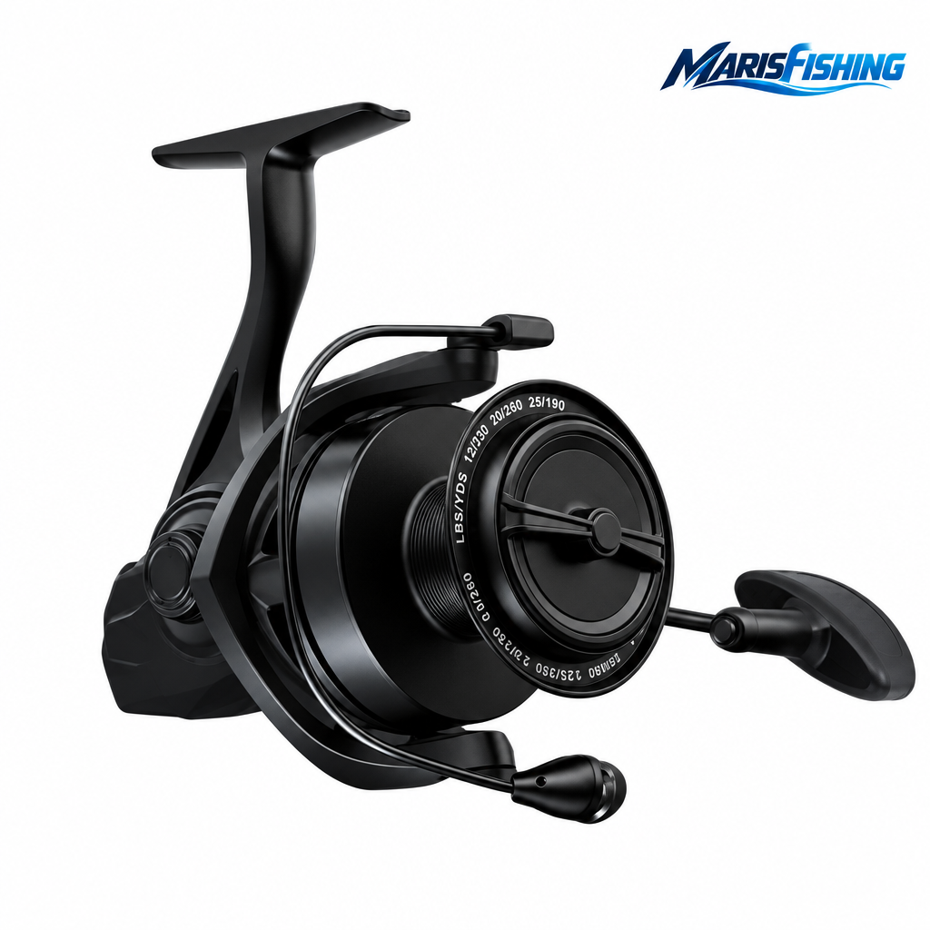 Black spinning fishing reel with MarisFishing logo on white background