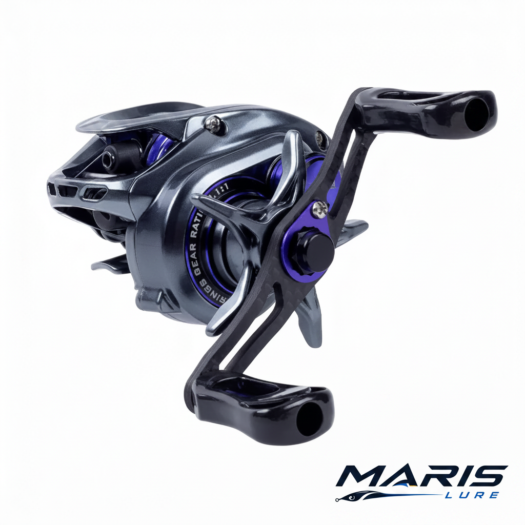 Kingdom Baitcast Reel – White Background with Maris Lure Logo