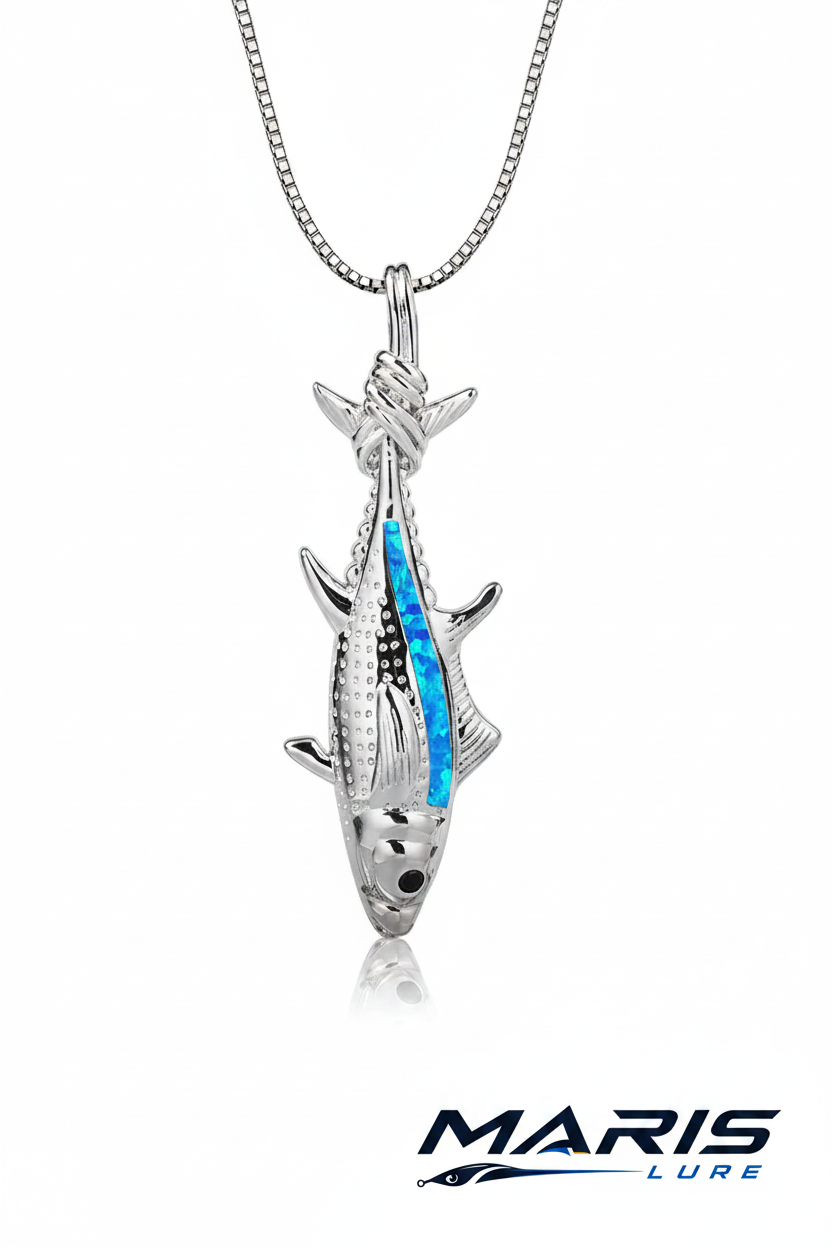 Maris Lure Fish Pendant Necklace Blue Opal – White Background