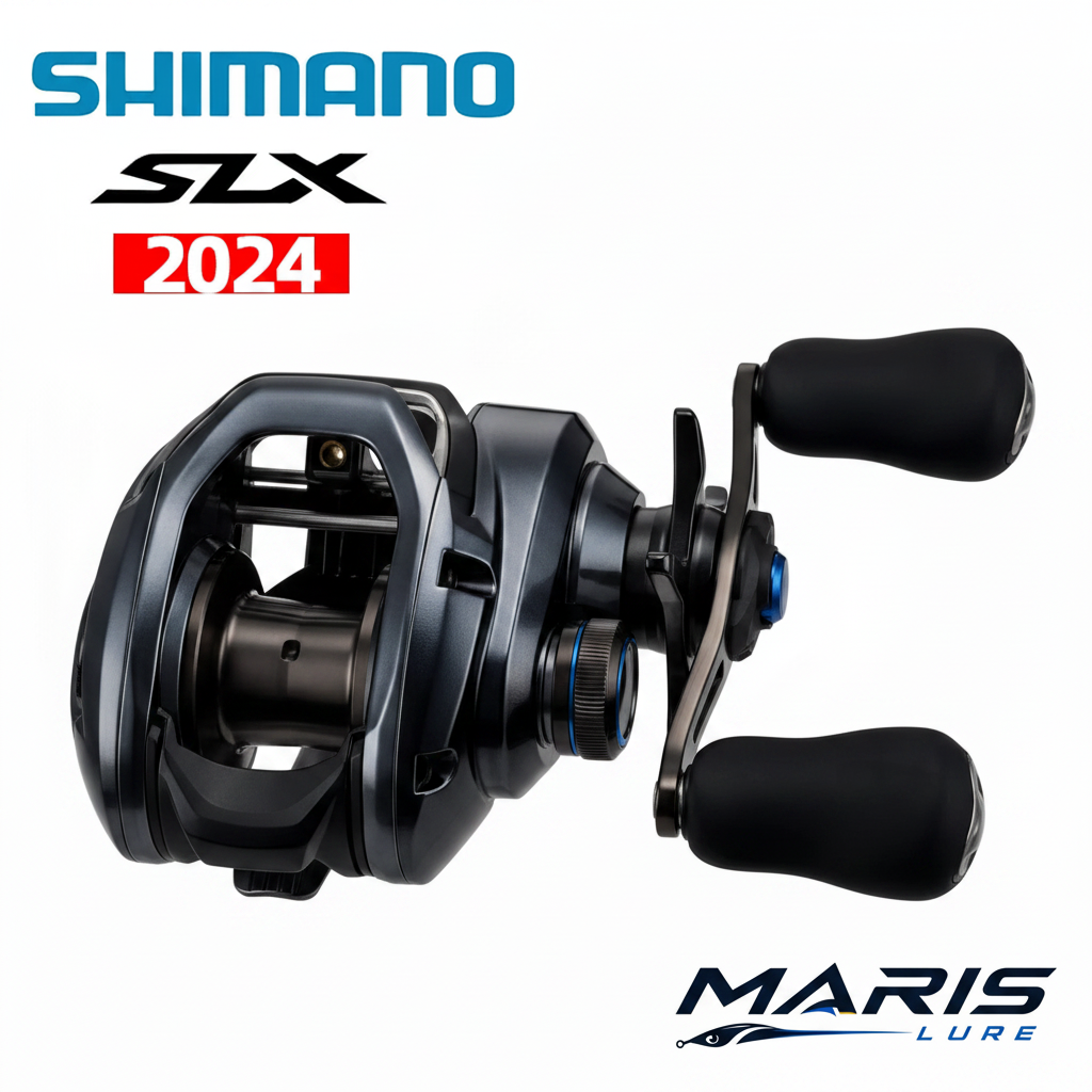 Shimano SLX 2024 – White Background with Maris Lure Logo